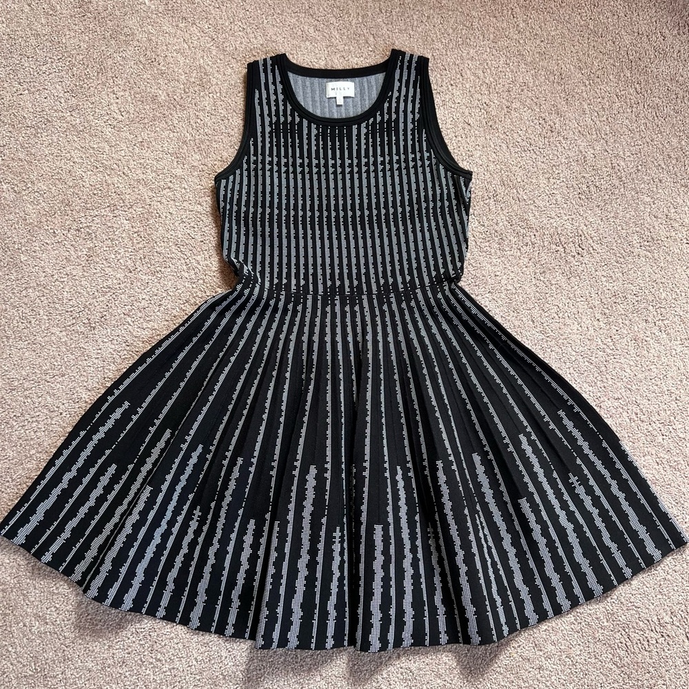 Milly fit flare stretch black white sleeveless dress a line size L 8-10 - Picture 6 of 8